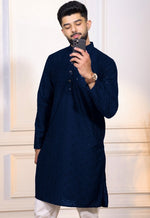 Grand Navy Blue Color Cotton Fabric Kurta Pajama