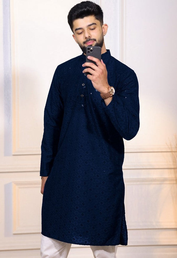 Grand Navy Blue Color Cotton Fabric Kurta Pajama