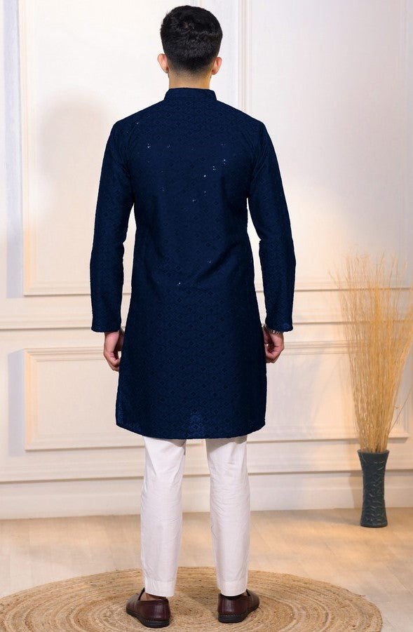 Grand Navy Blue Color Cotton Fabric Kurta Pajama