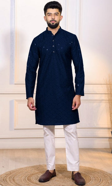 Grand Navy Blue Color Cotton Fabric Kurta Pajama