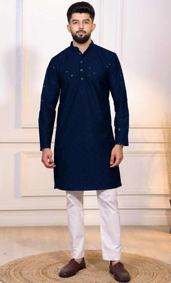 Grand Navy Blue Color Cotton Fabric Kurta Pajama