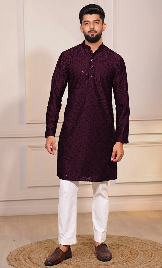Grand Wine Color Cotton Fabric Kurta Pajama
