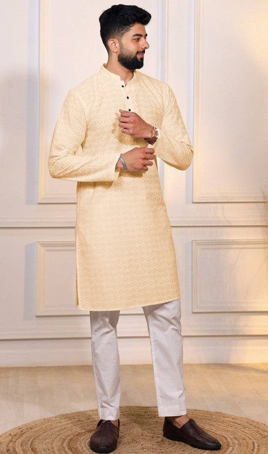 Grand Cream Color Cotton Fabric Kurta Pajama