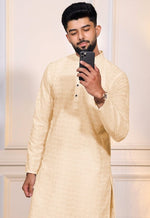 Grand Cream Color Cotton Fabric Kurta Pajama