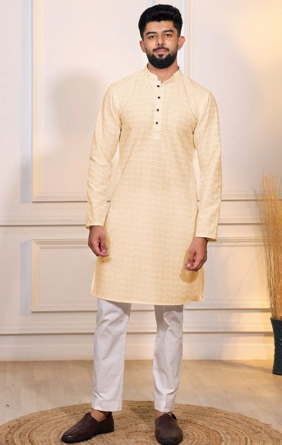Grand Cream Color Cotton Fabric Kurta Pajama
