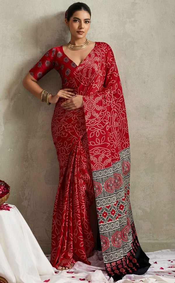 Lovely Red Color Satin Fabric Casual Saree