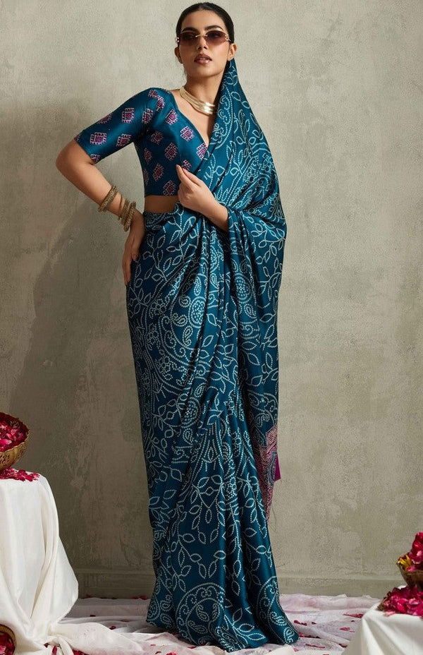 Lovely Teal Color Satin Fabric Casual Saree
