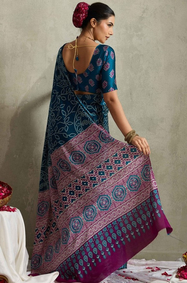 Lovely Teal Color Satin Fabric Casual Saree