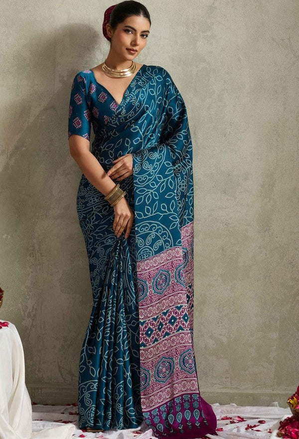 Lovely Teal Color Satin Fabric Casual Saree