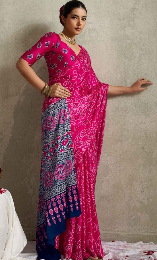 Lovely Pink Color Satin Fabric Casual Saree