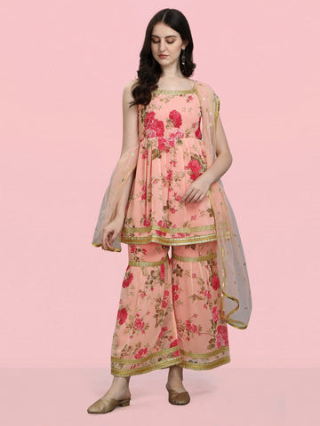 Dazzling Peach Color Georgette Fabric Sharara Suit