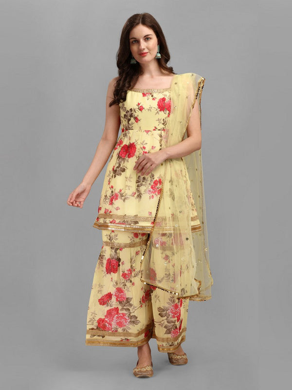 Dazzling Yellow Color Georgette Fabric Sharara Suit