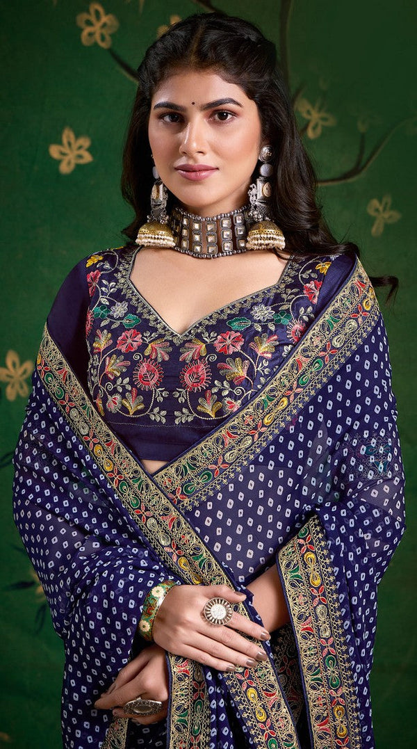 Amazing Navy Blue Color Georgette Fabric Designer Saree