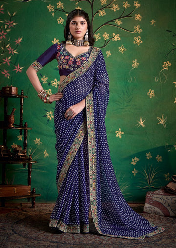 Amazing Navy Blue Color Georgette Fabric Designer Saree