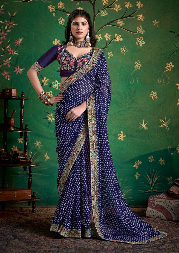Amazing Navy Blue Color Georgette Fabric Designer Saree
