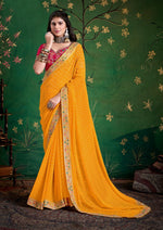 Amazing Yellow Color Georgette Fabric Designer Saree