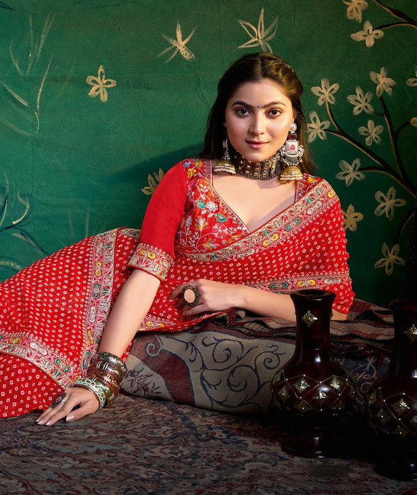 Amazing Red Color Georgette Fabric Designer Saree