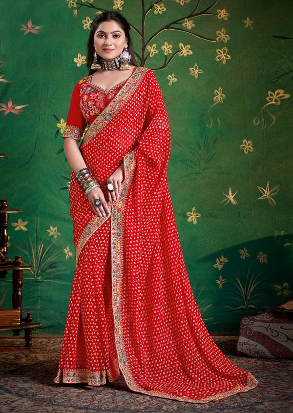 Amazing Red Color Georgette Fabric Designer Saree