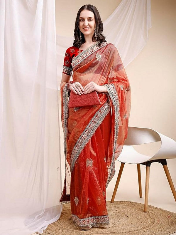 Pleasant Orange Color Banarasi Fabric Designer Saree
