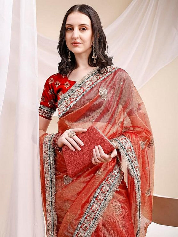 Pleasant Orange Color Banarasi Fabric Designer Saree