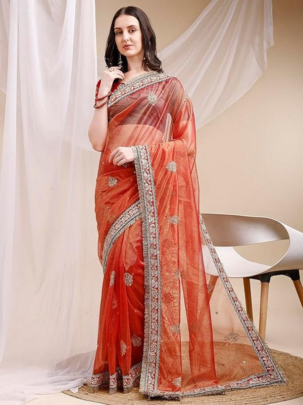 Pleasant Orange Color Banarasi Fabric Designer Saree