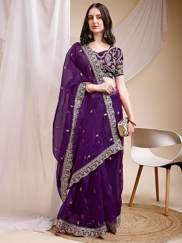 Pleasant Purple Color Organza Fabric Designer Saree