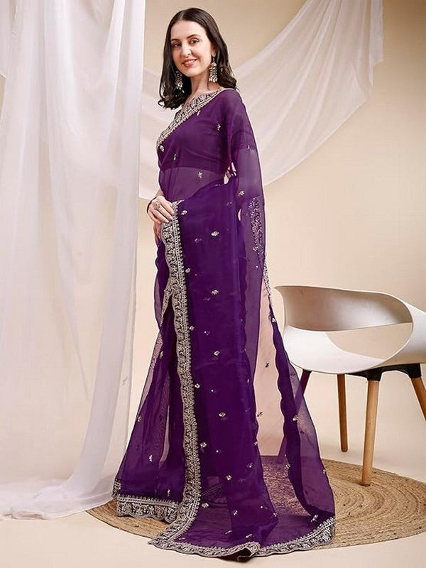 Pleasant Purple Color Organza Fabric Designer Saree