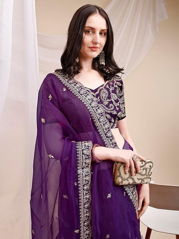 Pleasant Purple Color Organza Fabric Designer Saree