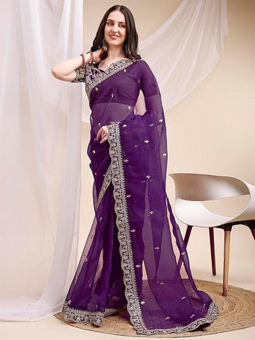 Pleasant Purple Color Organza Fabric Designer Saree