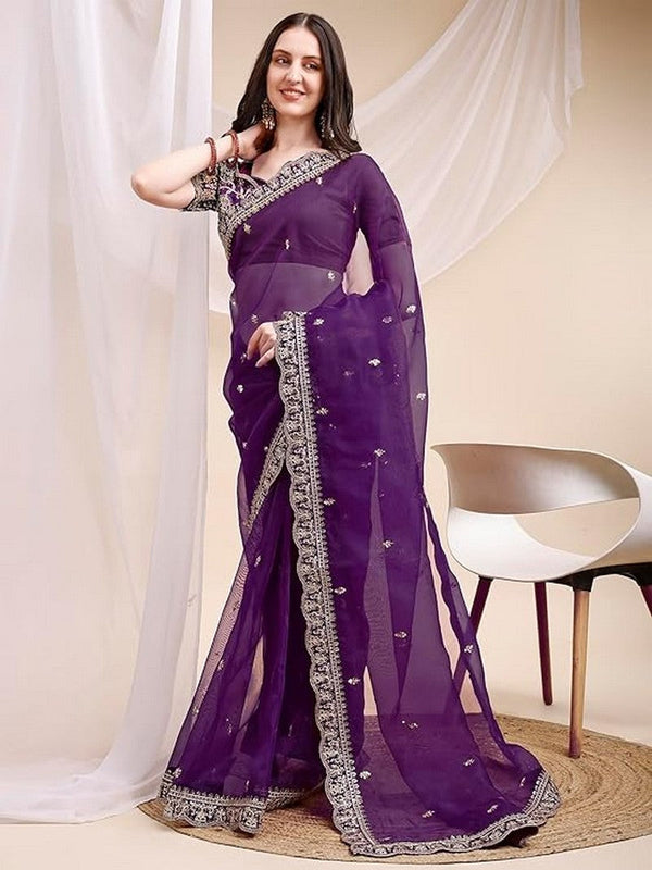 Pleasant Purple Color Organza Fabric Designer Saree