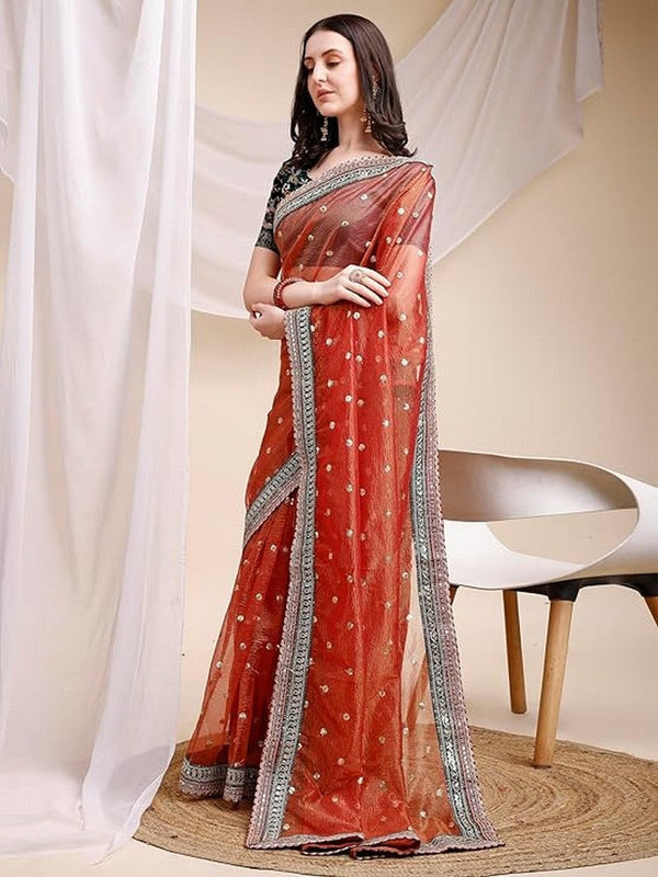 Pleasant Orange Color Crush Fabric Designer Saree