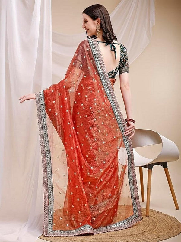 Pleasant Orange Color Crush Fabric Designer Saree