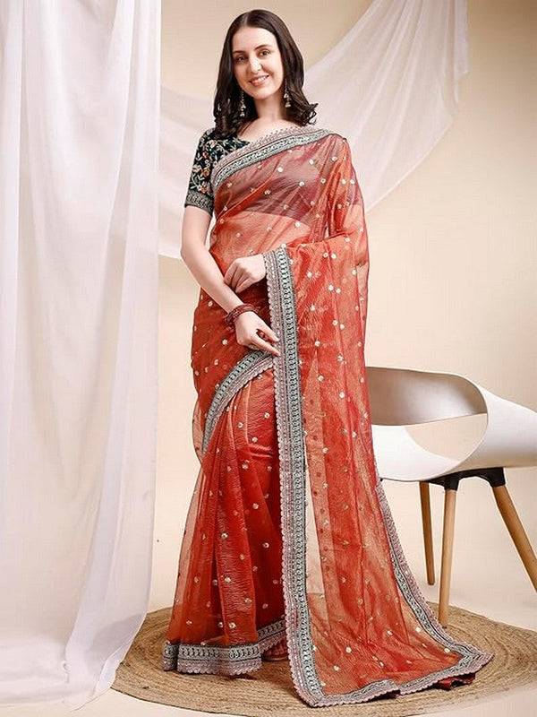 Pleasant Orange Color Crush Fabric Designer Saree