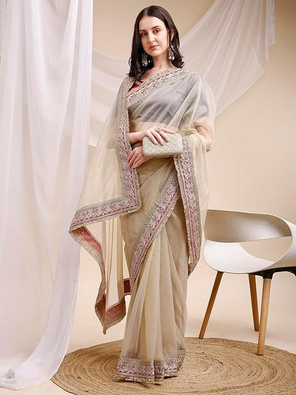Pleasant Beige Color Silk Fabric Designer Saree