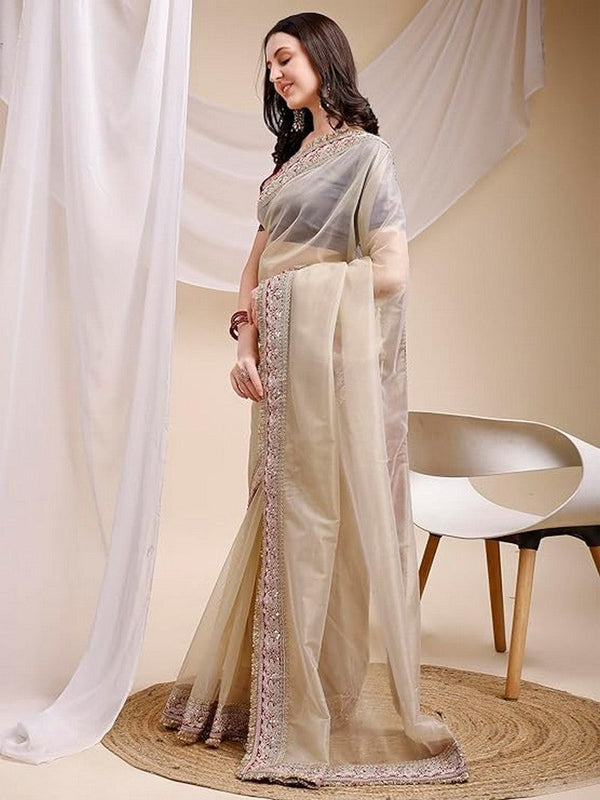 Pleasant Beige Color Silk Fabric Designer Saree