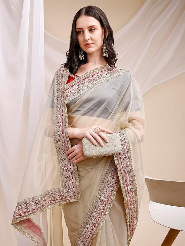 Pleasant Beige Color Silk Fabric Designer Saree