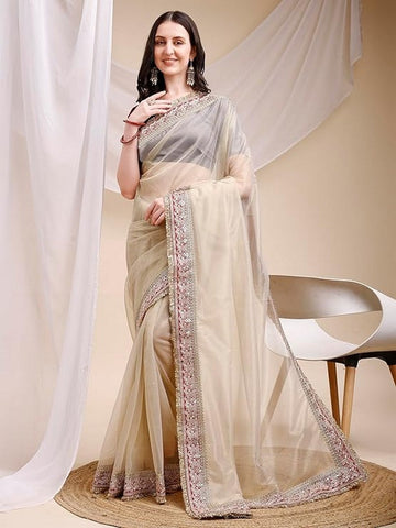 Pleasant Beige Color Silk Fabric Designer Saree