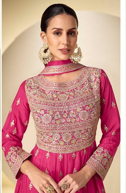 Wonderful Pink Color Chinon Fabric Partywear Suit