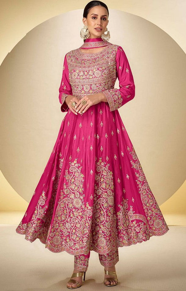 Wonderful Pink Color Chinon Fabric Partywear Suit