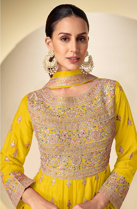 Wonderful Yellow Color Chinon Fabric Partywear Suit