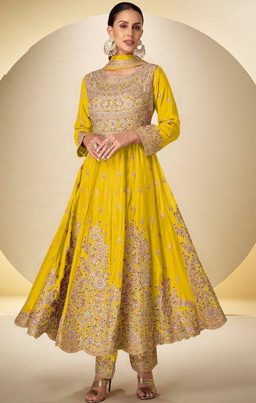 Wonderful Yellow Color Chinon Fabric Partywear Suit
