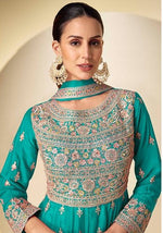Wonderful Turquoise Color Chinon Fabric Partywear Suit