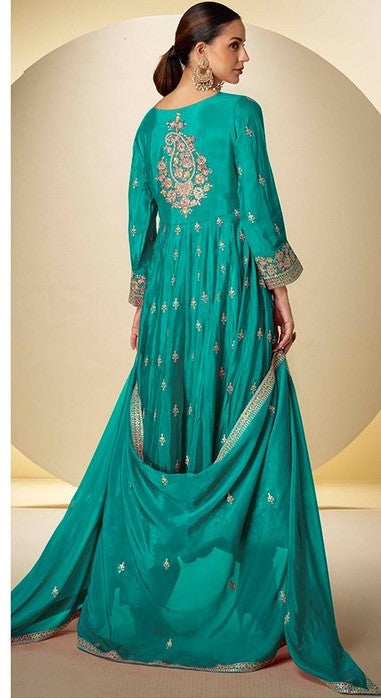 Wonderful Turquoise Color Chinon Fabric Partywear Suit