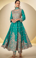 Wonderful Turquoise Color Chinon Fabric Partywear Suit