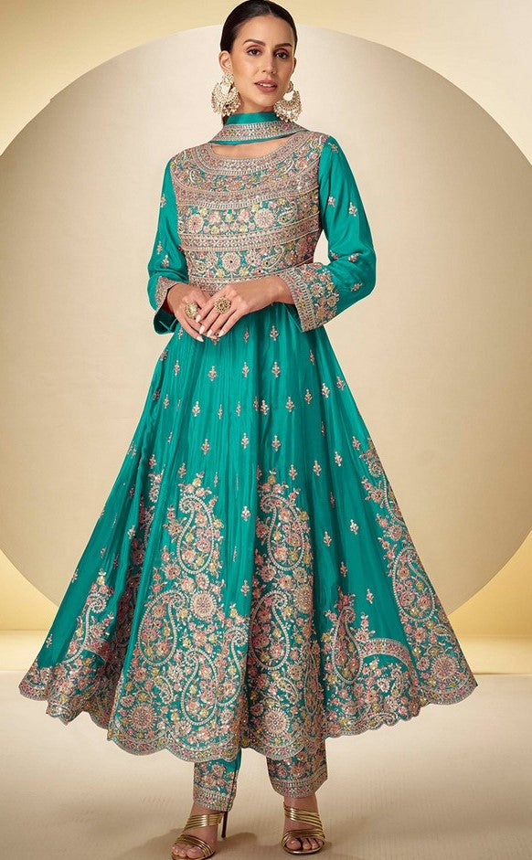 Wonderful Turquoise Color Chinon Fabric Partywear Suit
