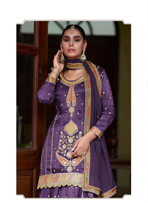 Dazzling Purple Color Silk Fabric Partywear Suit