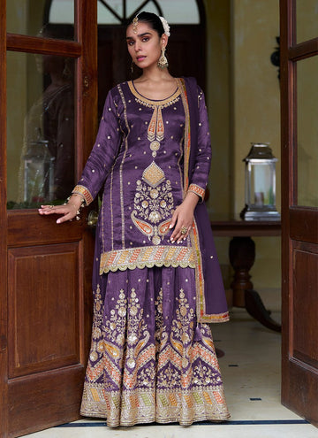 Dazzling Purple Color Silk Fabric Partywear Suit