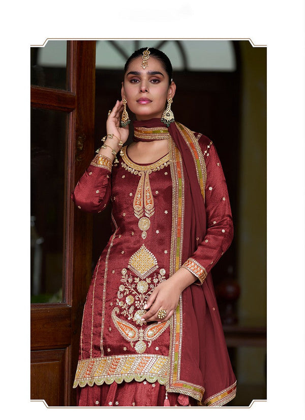 Dazzling Maroon Color Silk Fabric Partywear Suit