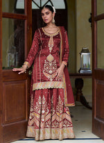 Dazzling Maroon Color Silk Fabric Partywear Suit