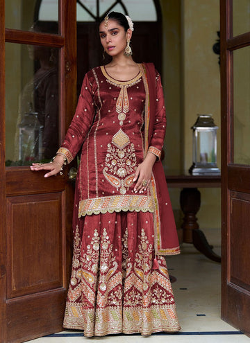 Dazzling Maroon Color Silk Fabric Partywear Suit